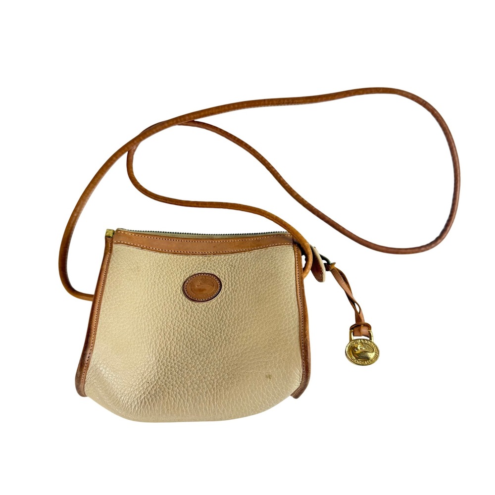 Vintage Dooney & Bourke Off White Tan AWL Leather Crossbody Bag Duck Fob